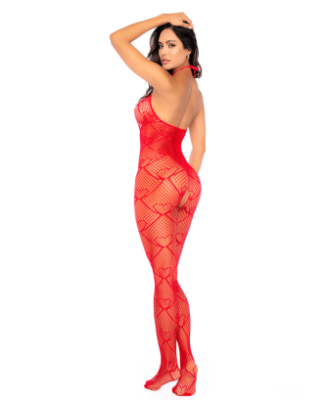Bodystocking en résille rouge à motif cœur, orné de strass, ouvert à l’entrejambe - Mapalé